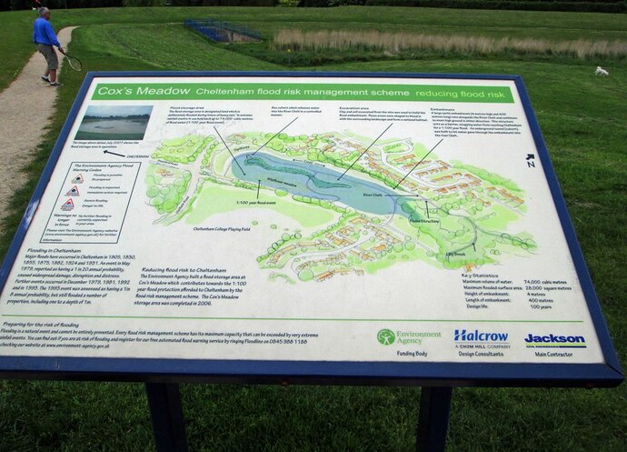 Board showing local map of Coxes Meadow Cheltenham flood risk management scheme